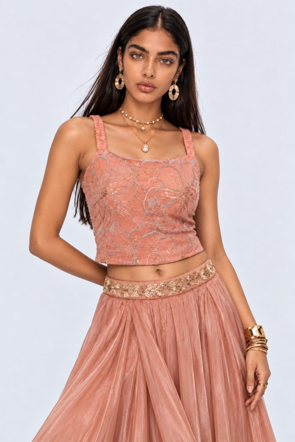 Womens Regular Fit Peach Floral Ethnic Top - Image 1