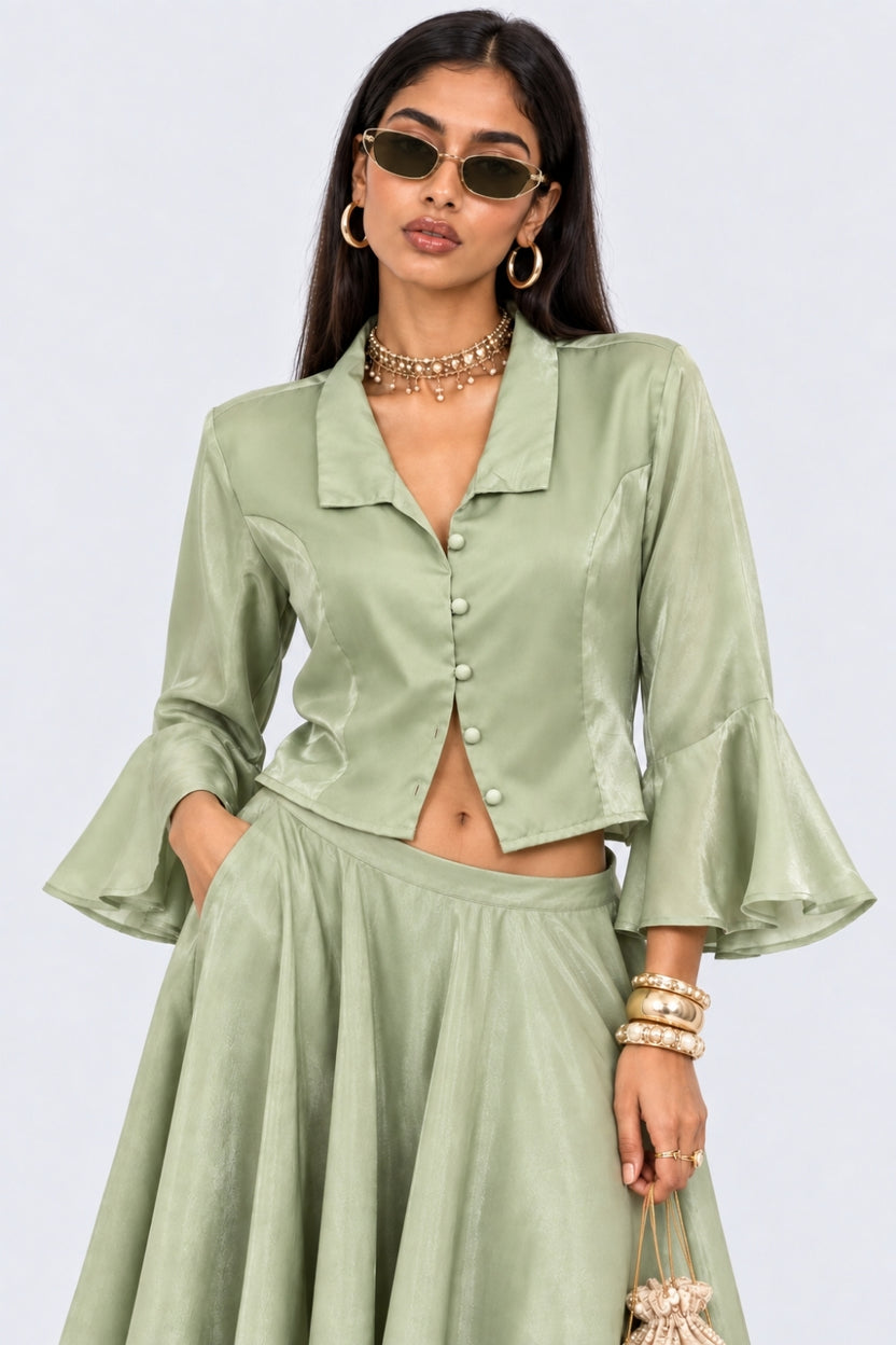 Womens Green Flared Sleeves Regular Fit Top - Image 1