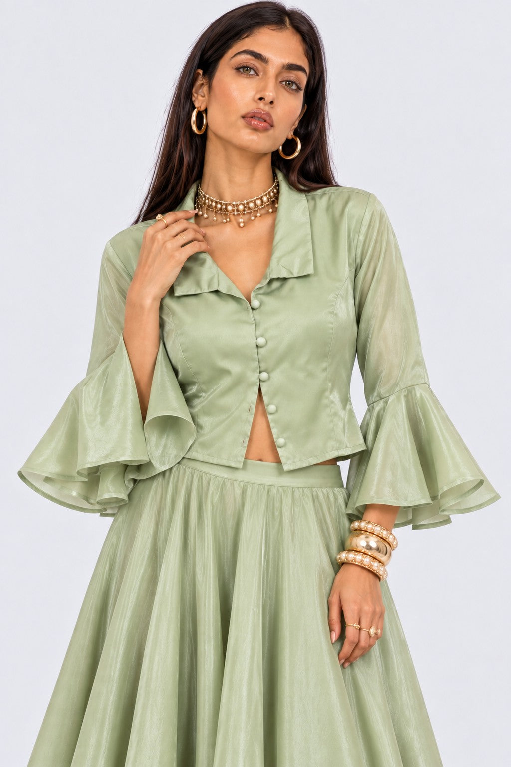 Womens Green Flared Sleeves Regular Fit Top - Image 2