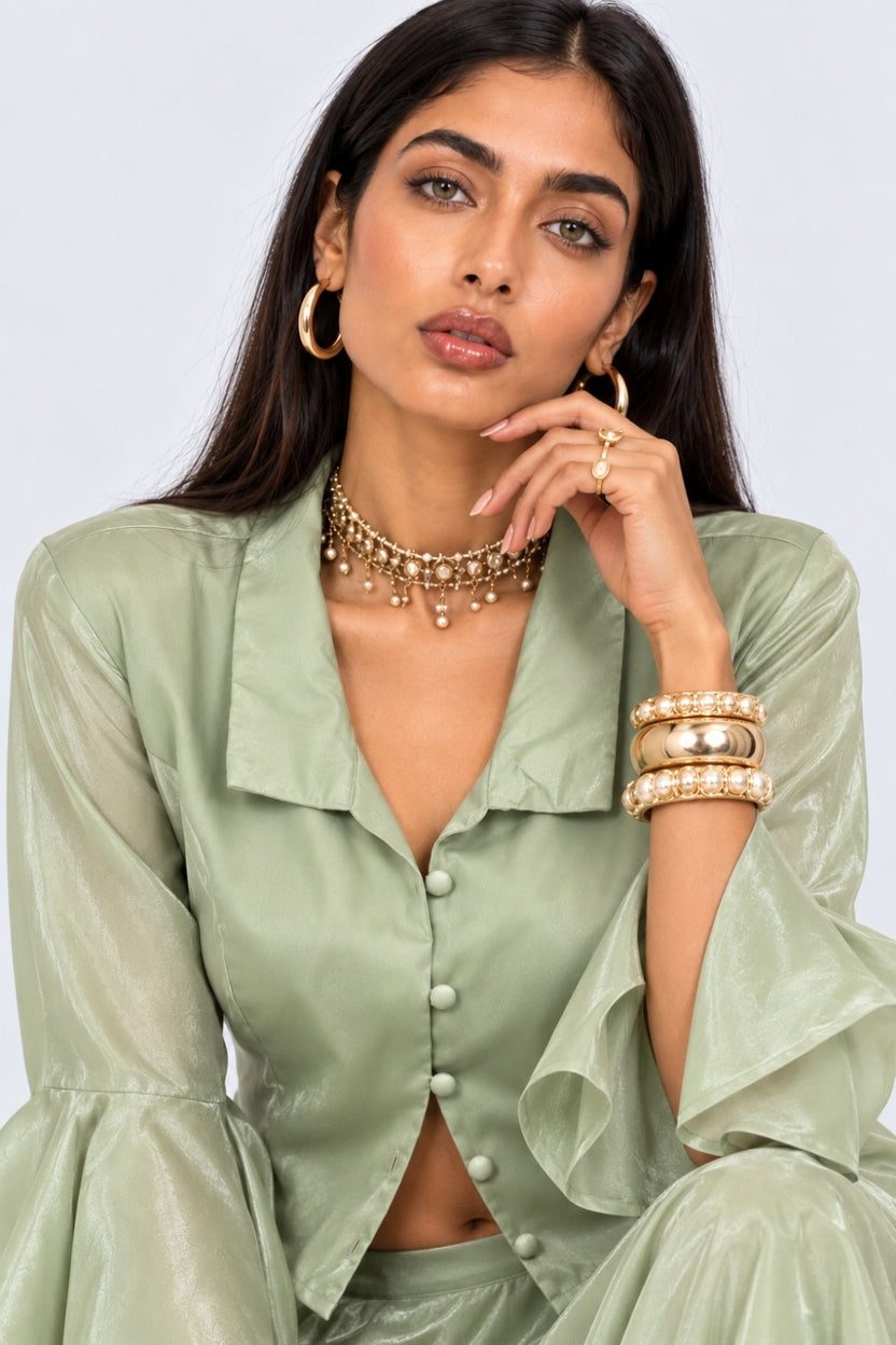 Womens Green Flared Sleeves Regular Fit Top - Image 3
