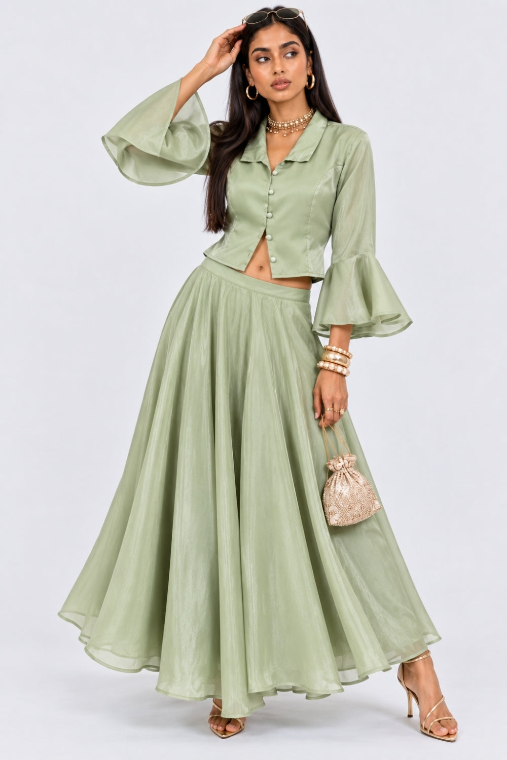 Womens Green Flared Sleeves Regular Fit Top - Image 6