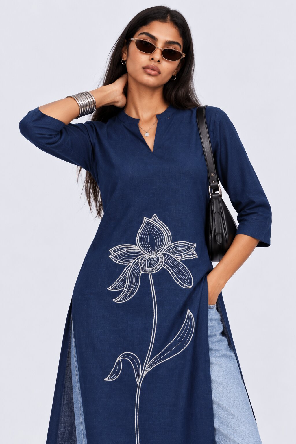 Womens Navy Floral Straight Fit Kurta - Image 1