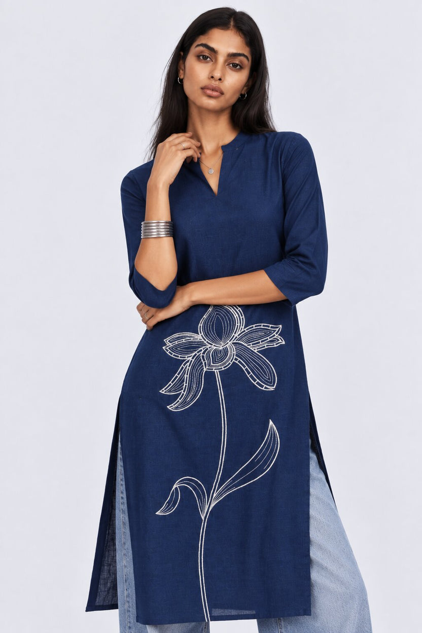 Womens Navy Floral Straight Fit Kurta - Image 2