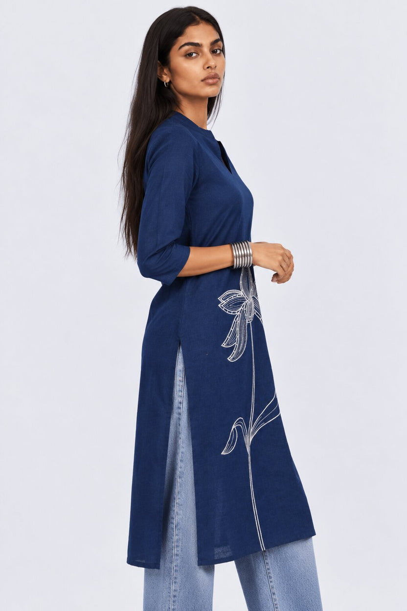 Womens Navy Floral Straight Fit Kurta - Image 4