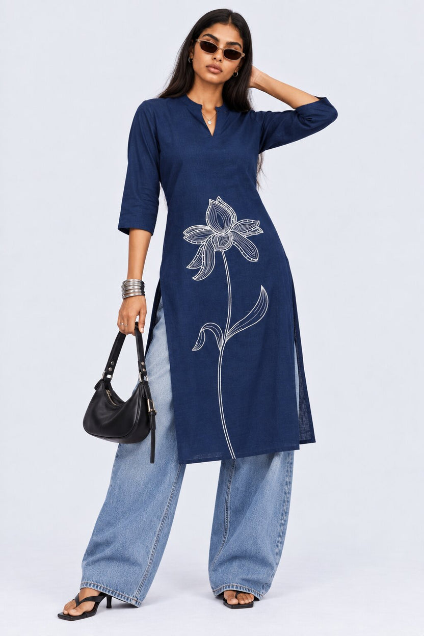 Womens Navy Floral Straight Fit Kurta - Image 6