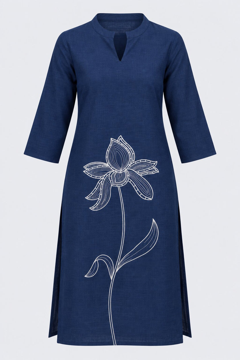 Womens Navy Floral Straight Fit Kurta - Image 7