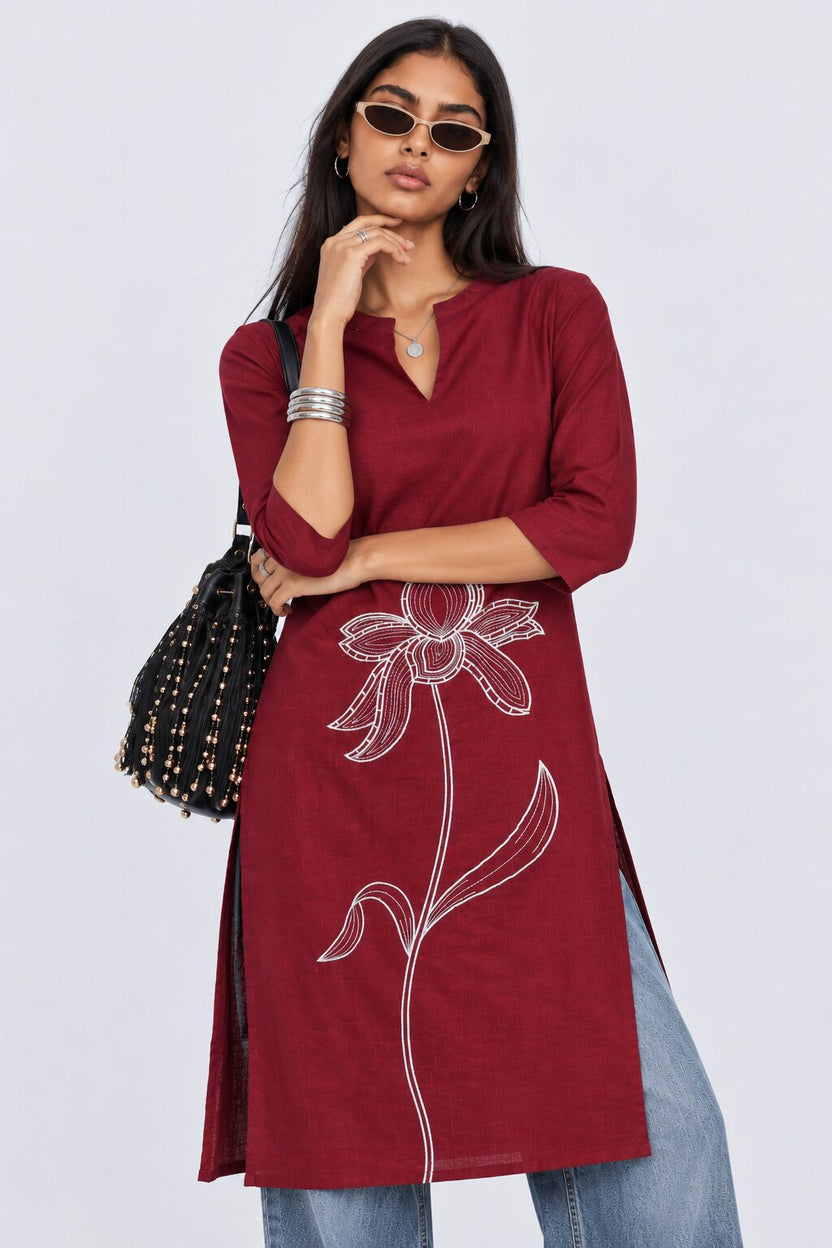 Womens Maroon Floral Straight Fit Kurta - Image 1