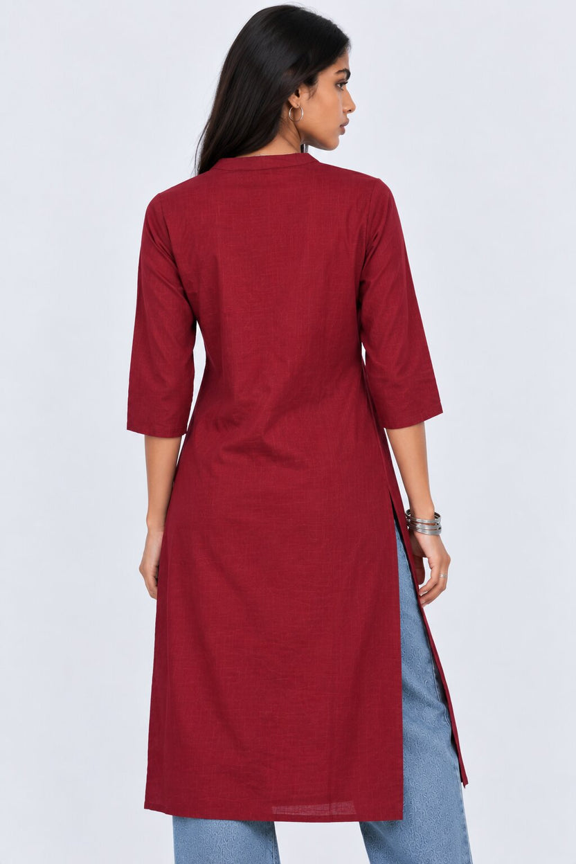 Womens Maroon Floral Straight Fit Kurta - Image 5