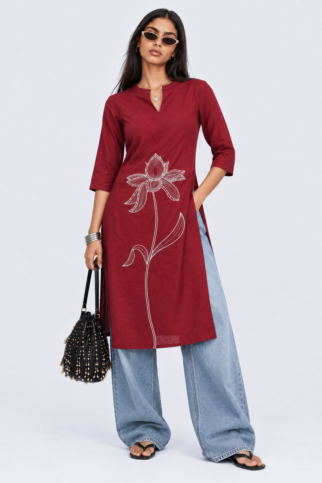 Womens Maroon Floral Straight Fit Kurta - Image 6
