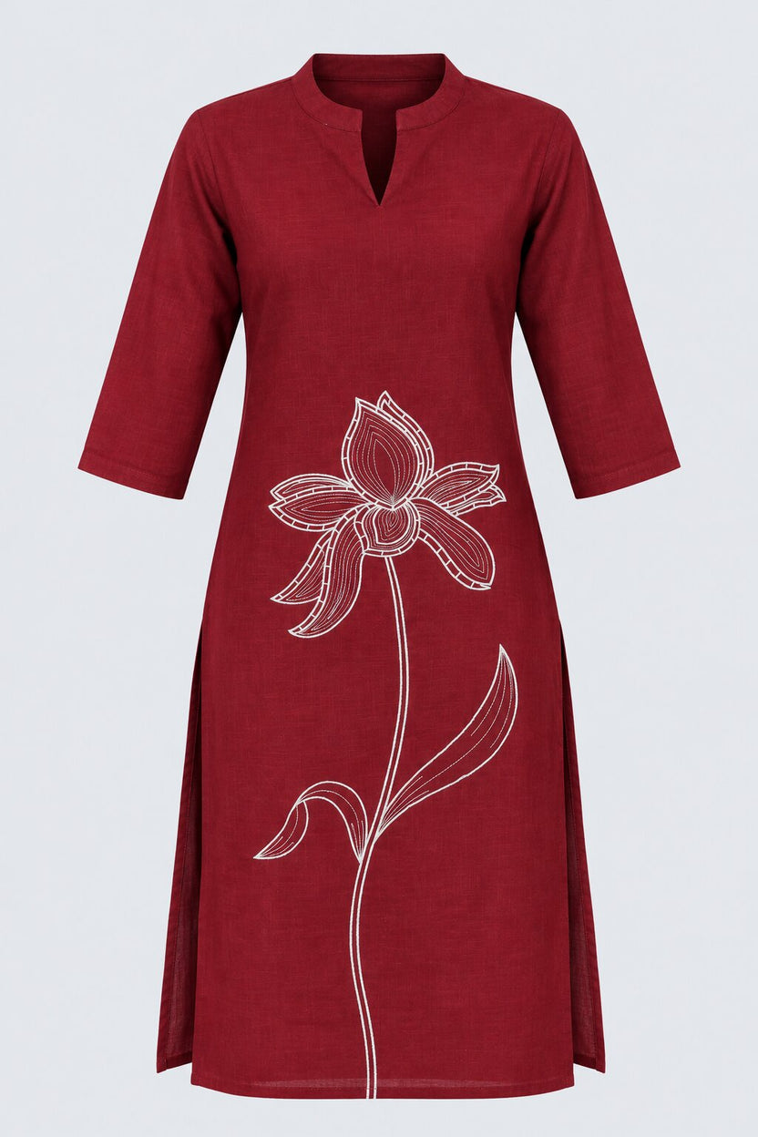 Womens Maroon Floral Straight Fit Kurta - Image 7