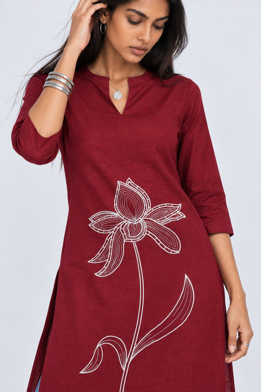 Womens Maroon Floral Straight Fit Kurta - Image 9