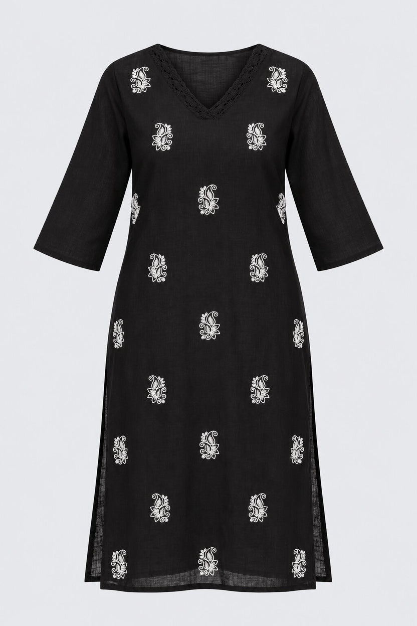 Womens Black Floral Straight Fit Kurta - Image 7