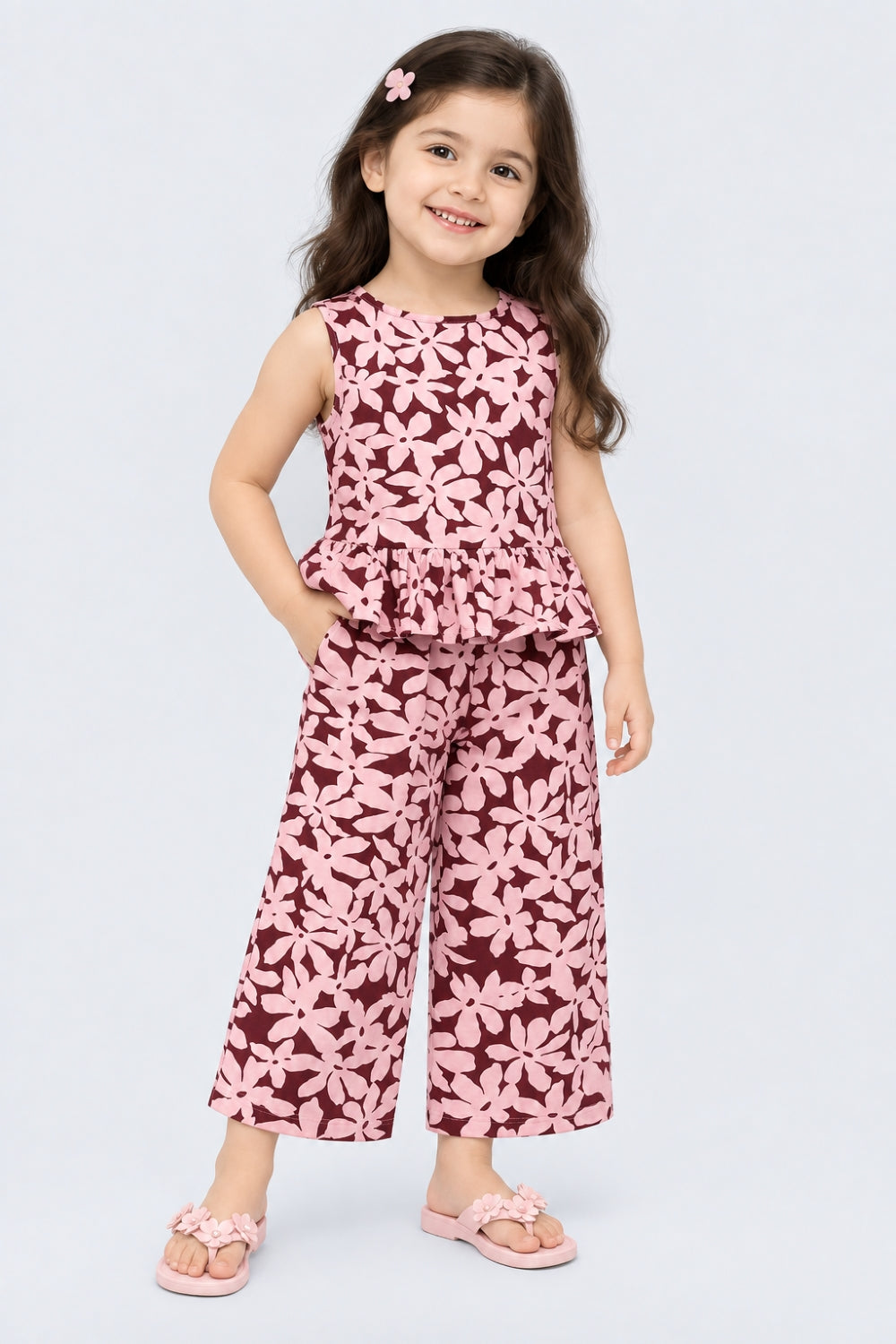 Girls Pink Floral Regular Fit Co-Ord Set - Image 1
