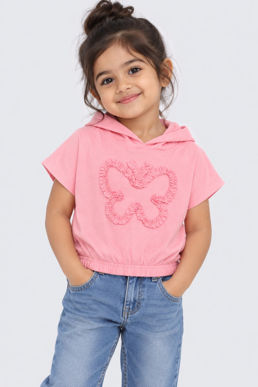 Girls Pink Butterfly Applique Hooded Top - Image 1