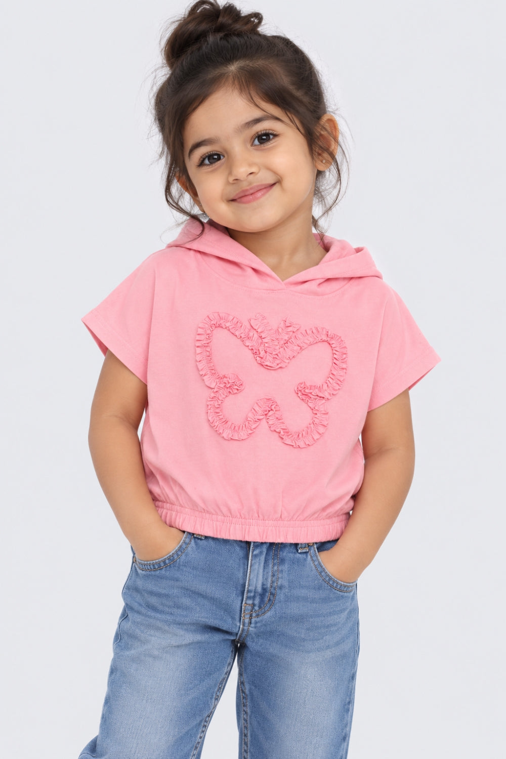 Girls Pink Butterfly Applique Hooded Top - Image 1