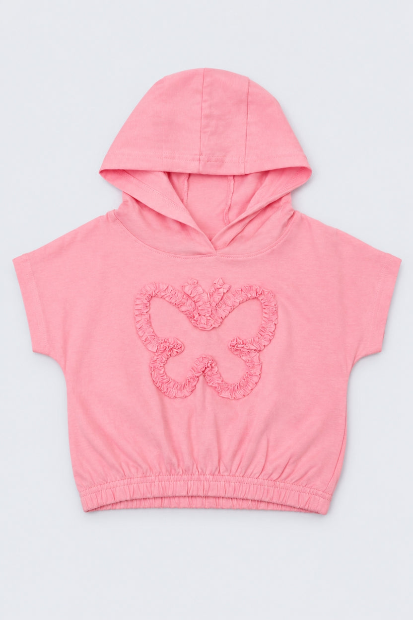 Girls Pink Butterfly Applique Hooded Top - Image 2