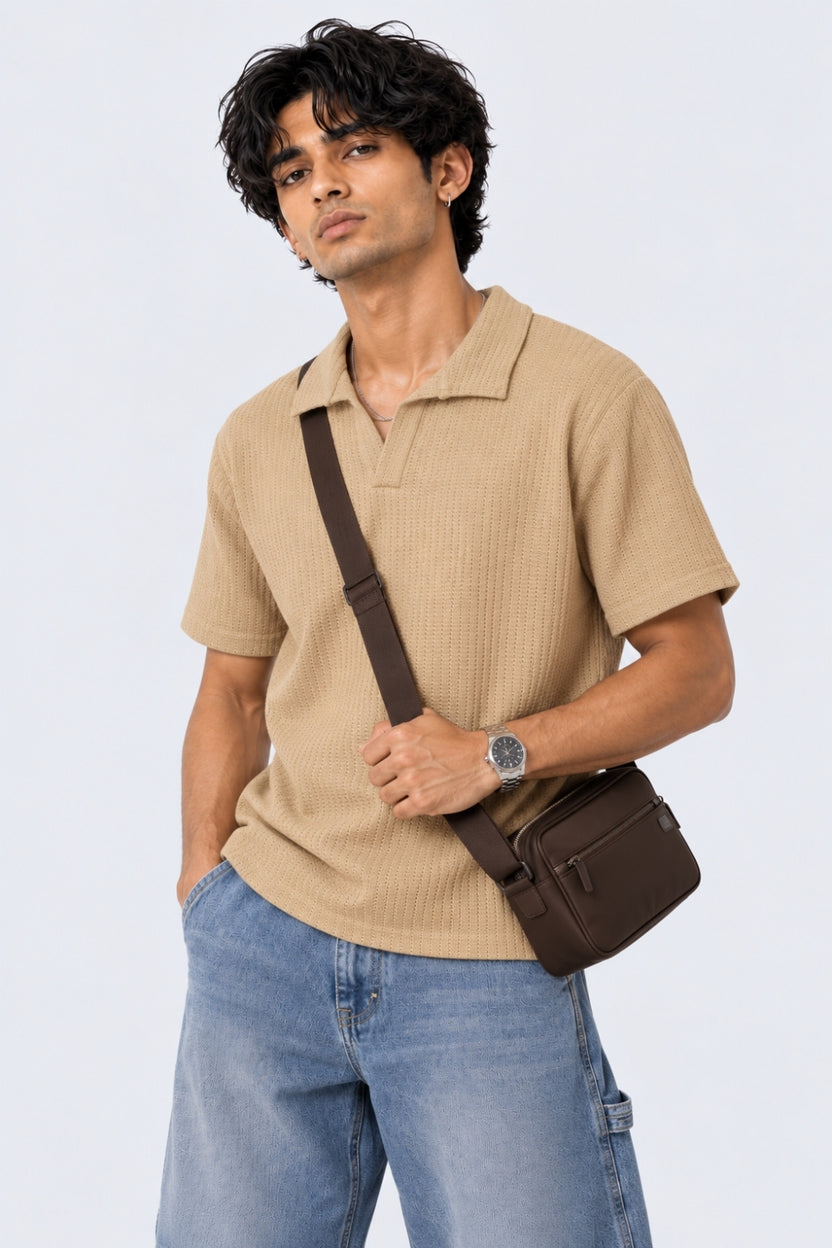 Mens Regular Fit Beige Knit Polo T-Shirt - Image 1