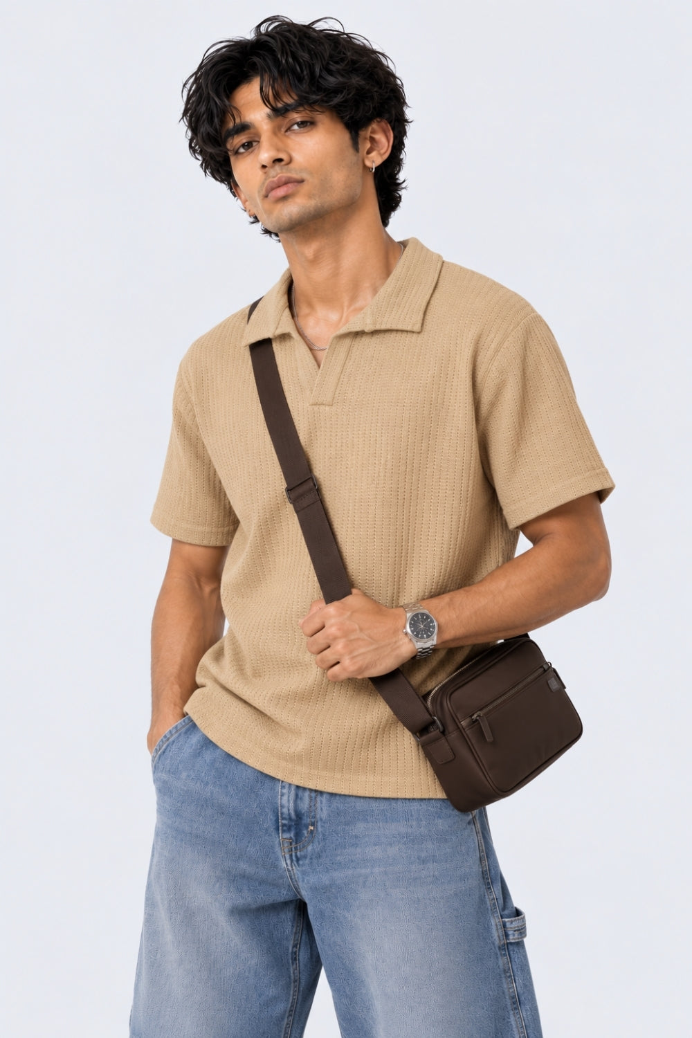 Mens Regular Fit Beige Knit Polo T-Shirt - Image 1