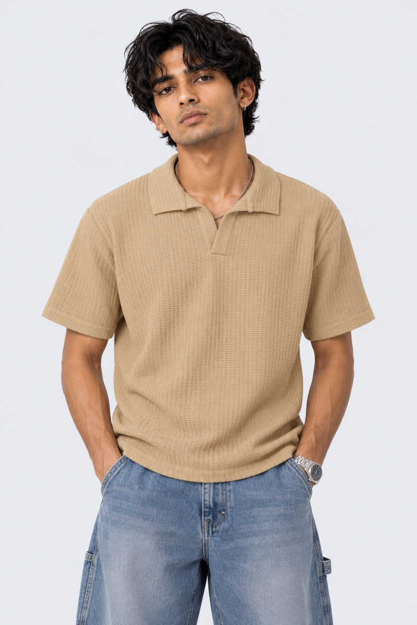 Mens Regular Fit Beige Knit Polo T-Shirt - Image 2