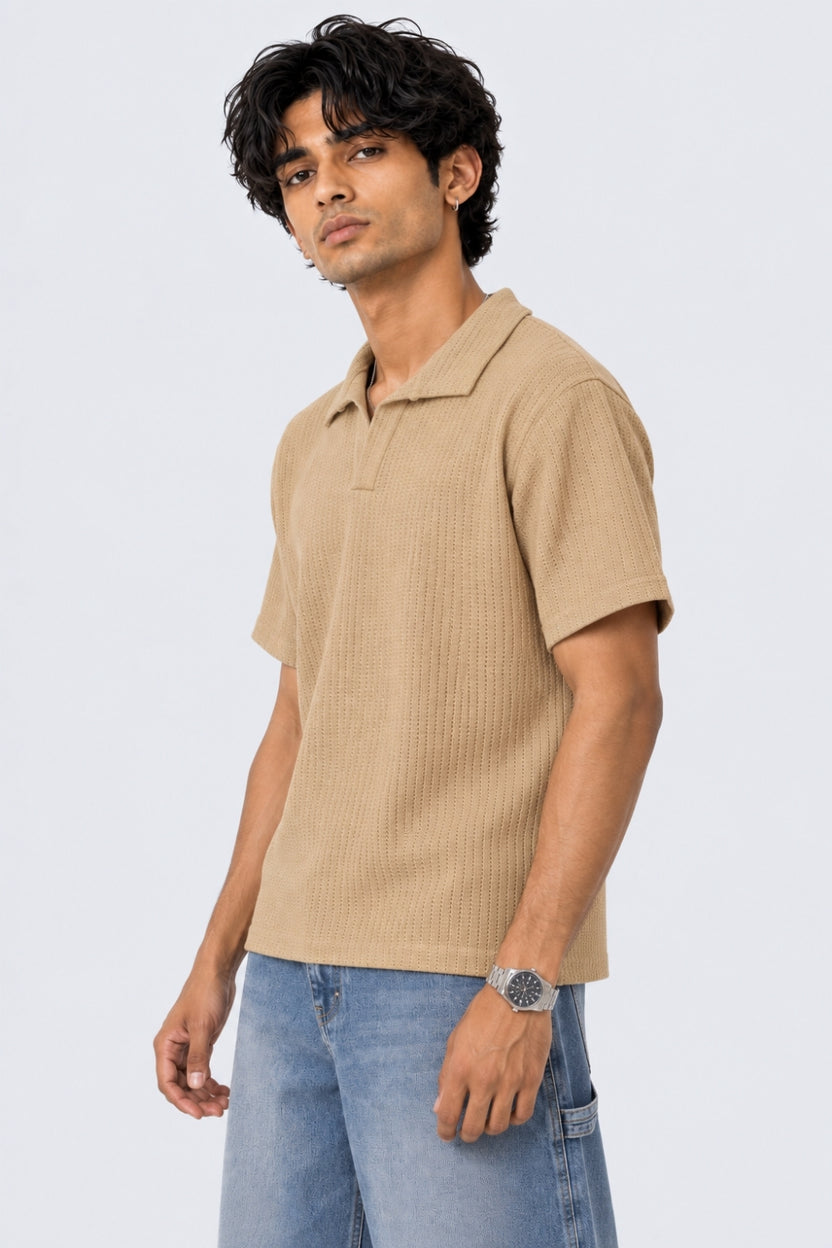 Mens Regular Fit Beige Knit Polo T-Shirt - Image 4