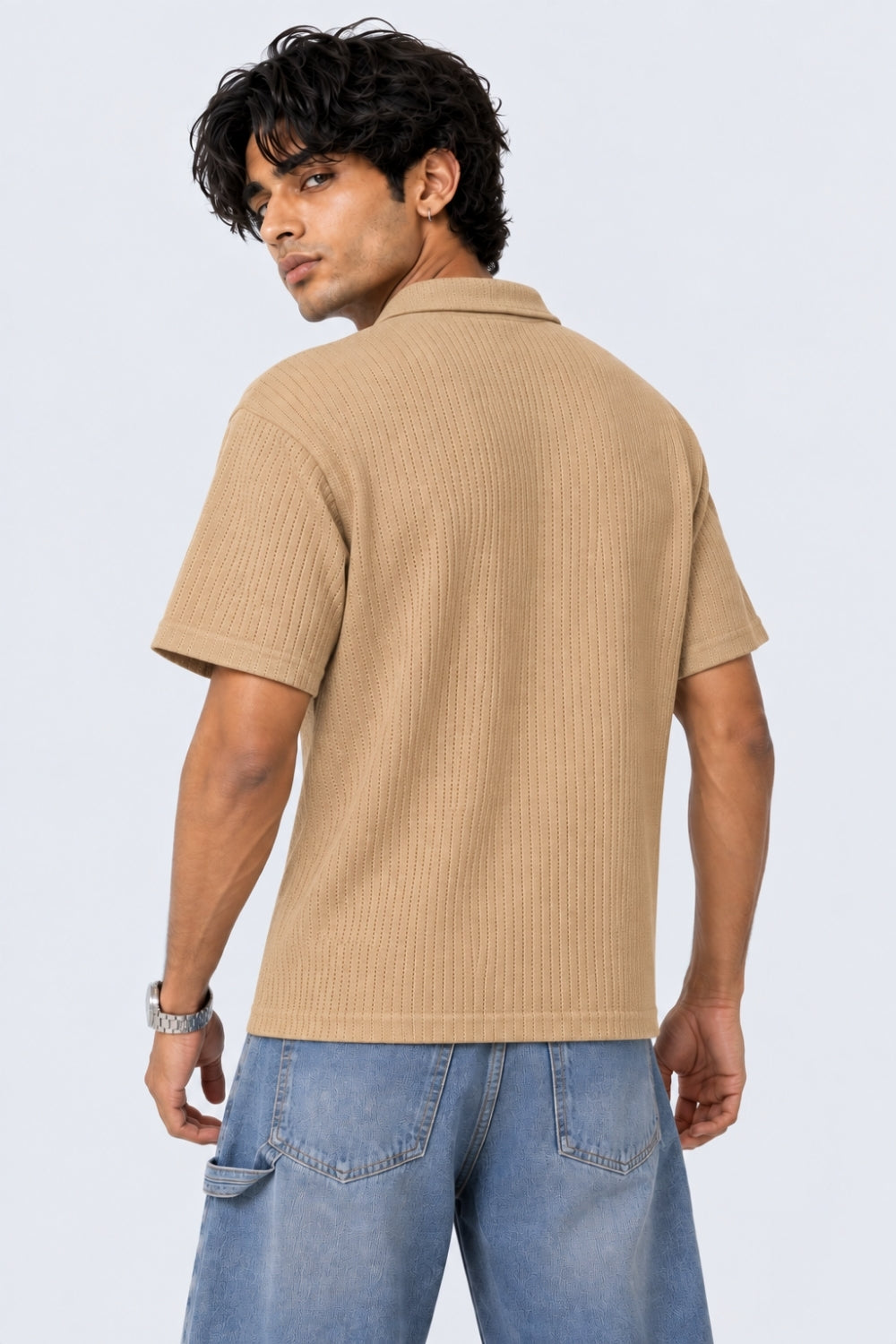 Mens Regular Fit Beige Knit Polo T-Shirt - Image 5