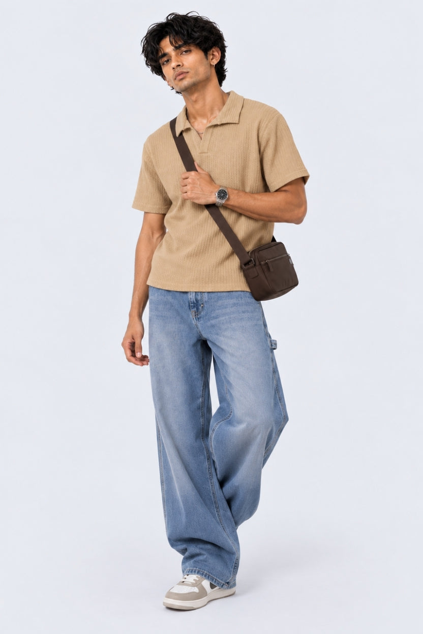 Mens Regular Fit Beige Knit Polo T-Shirt - Image 6