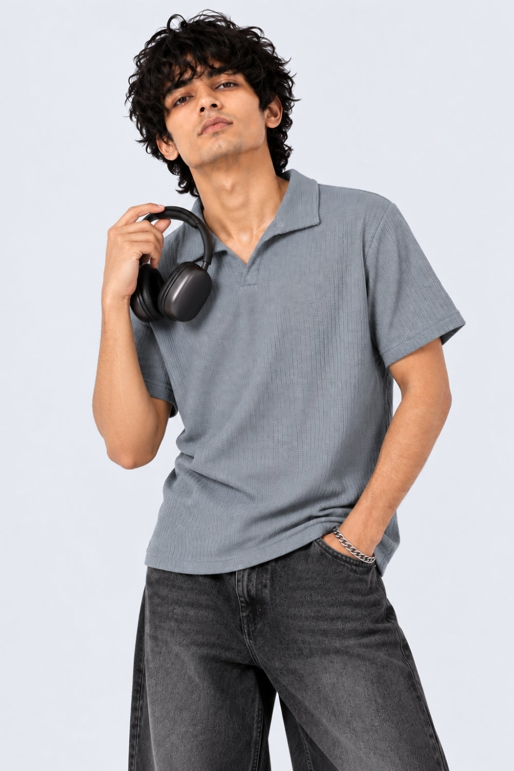 Mens Regular Fit Blue Pointelle Knit Polo T-Shirt - Image 1