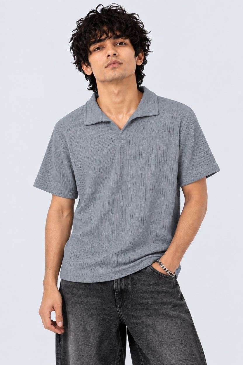Mens Regular Fit Blue Pointelle Knit Polo T-Shirt - Image 2