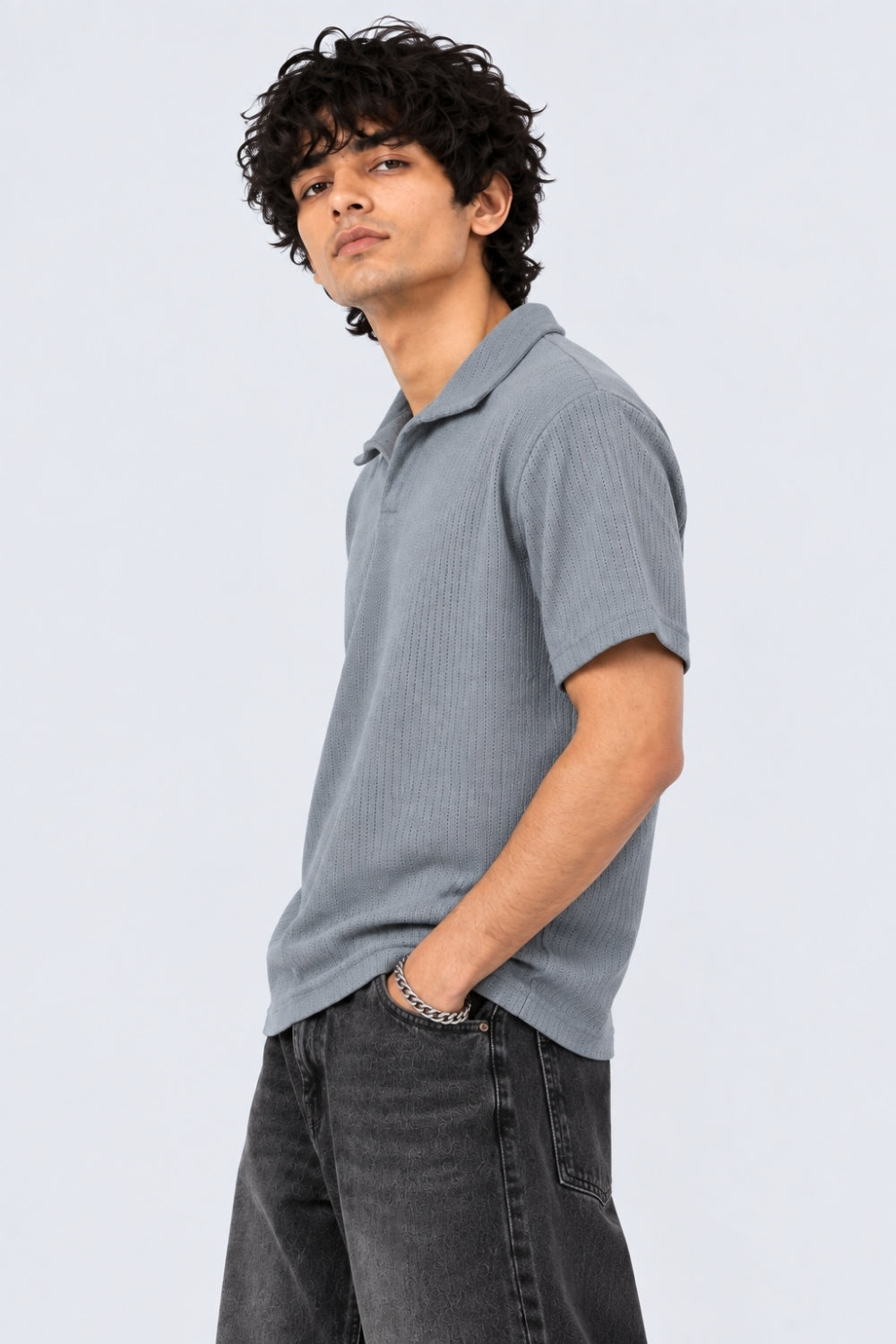 Mens Regular Fit Blue Pointelle Knit Polo T-Shirt - Image 4