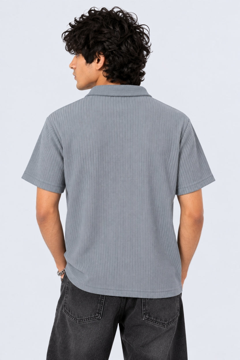 Mens Regular Fit Blue Pointelle Knit Polo T-Shirt - Image 5