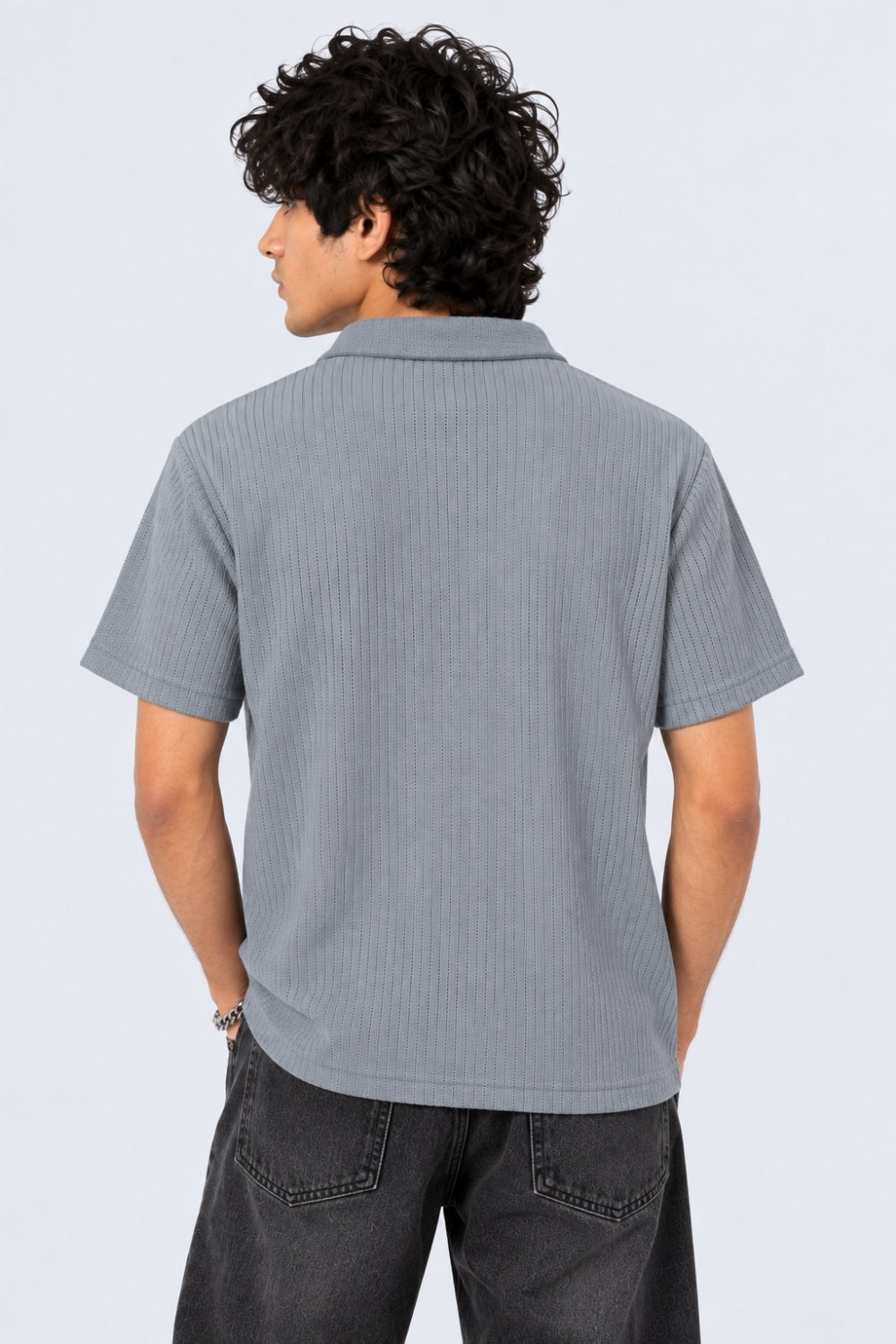 Mens Regular Fit Blue Pointelle Knit Polo T-Shirt - Image 5