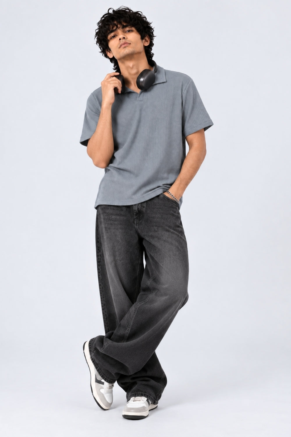 Mens Regular Fit Blue Pointelle Knit Polo T-Shirt - Image 6