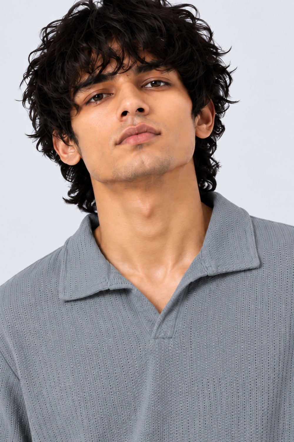 Mens Regular Fit Blue Pointelle Knit Polo T-Shirt - Image 9