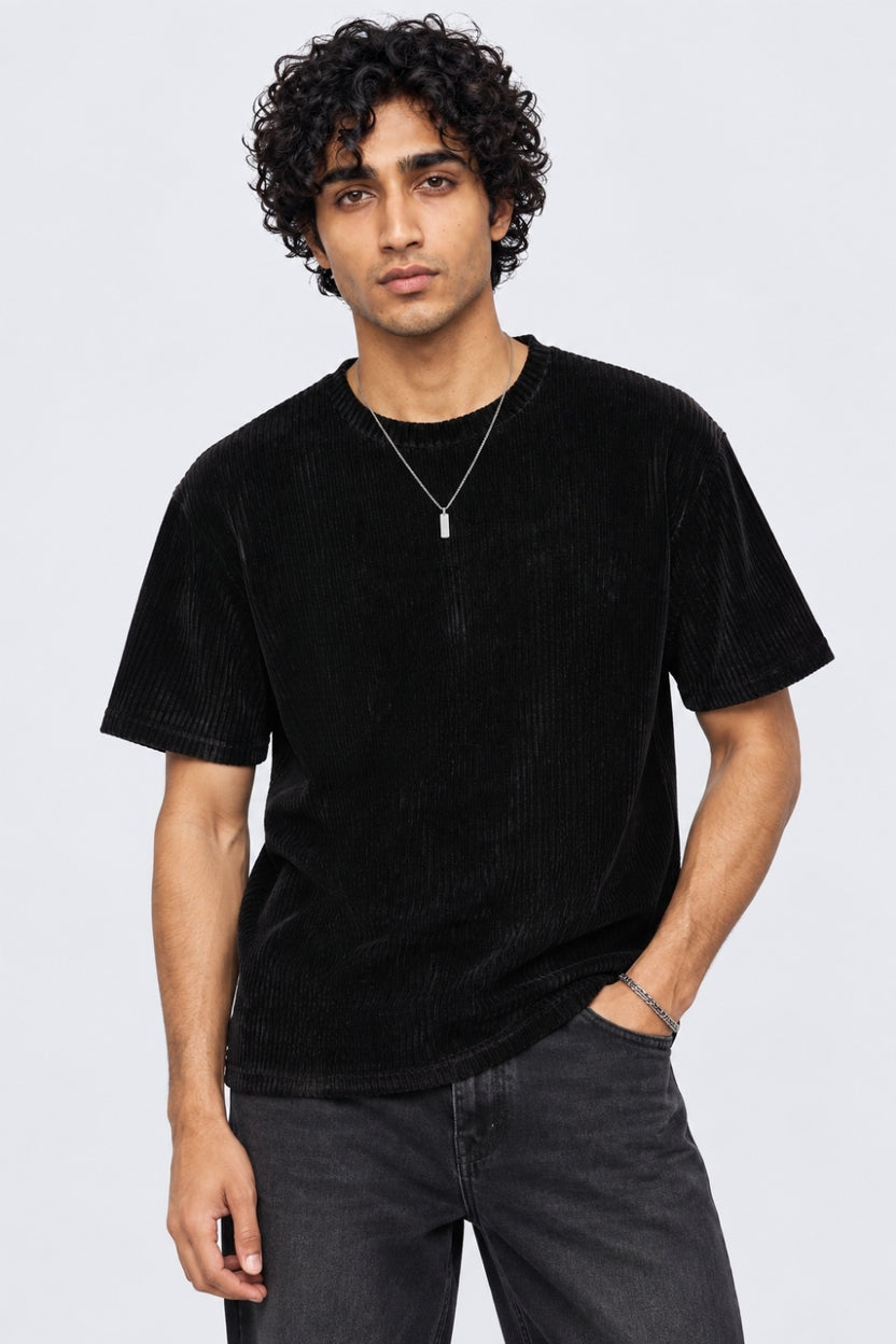 Mens Regular Fit Black Textured T-Shirt - Image 2