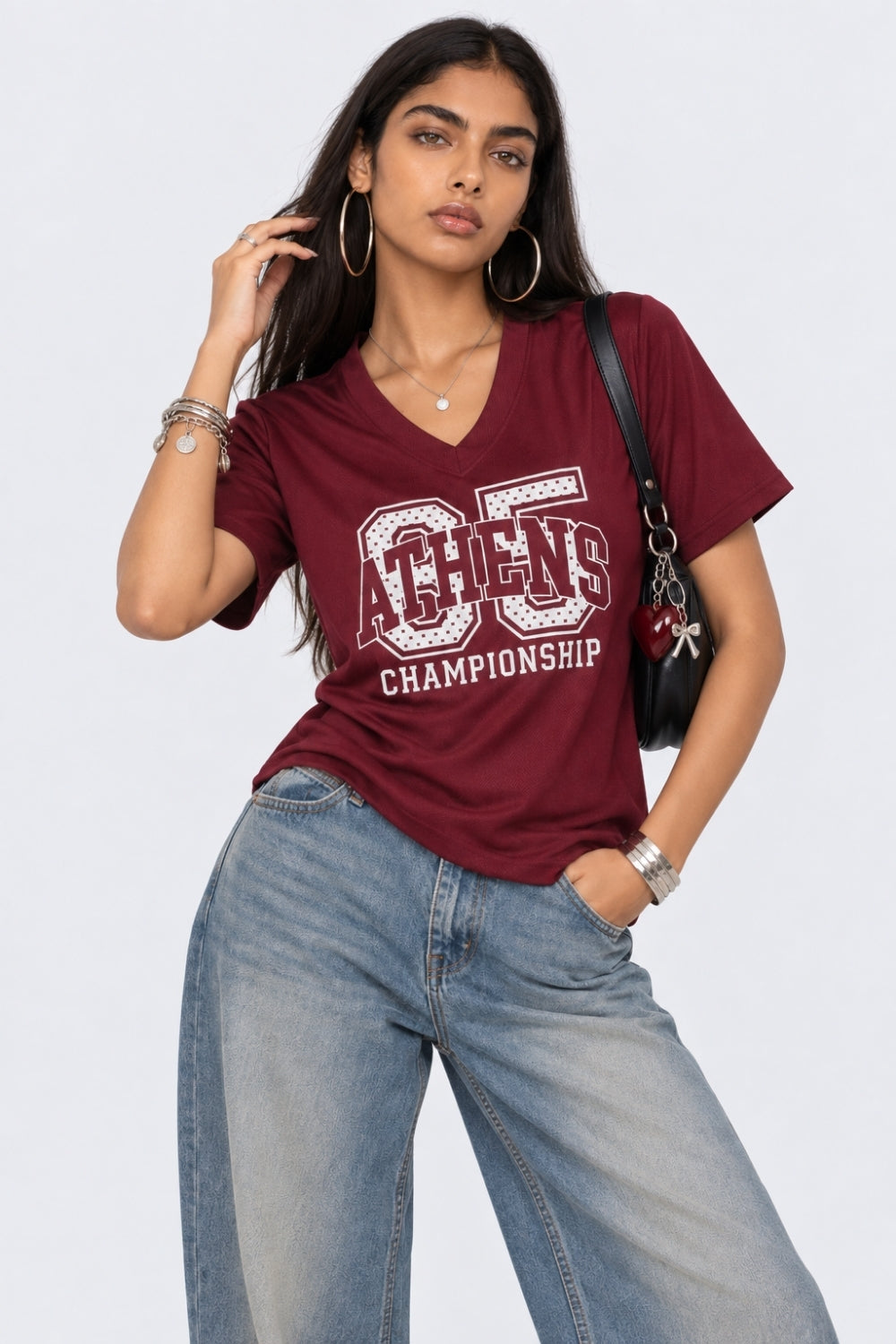 Womens Oversized Fit Maroon Graphic Printed T-Shirt - Image 1
