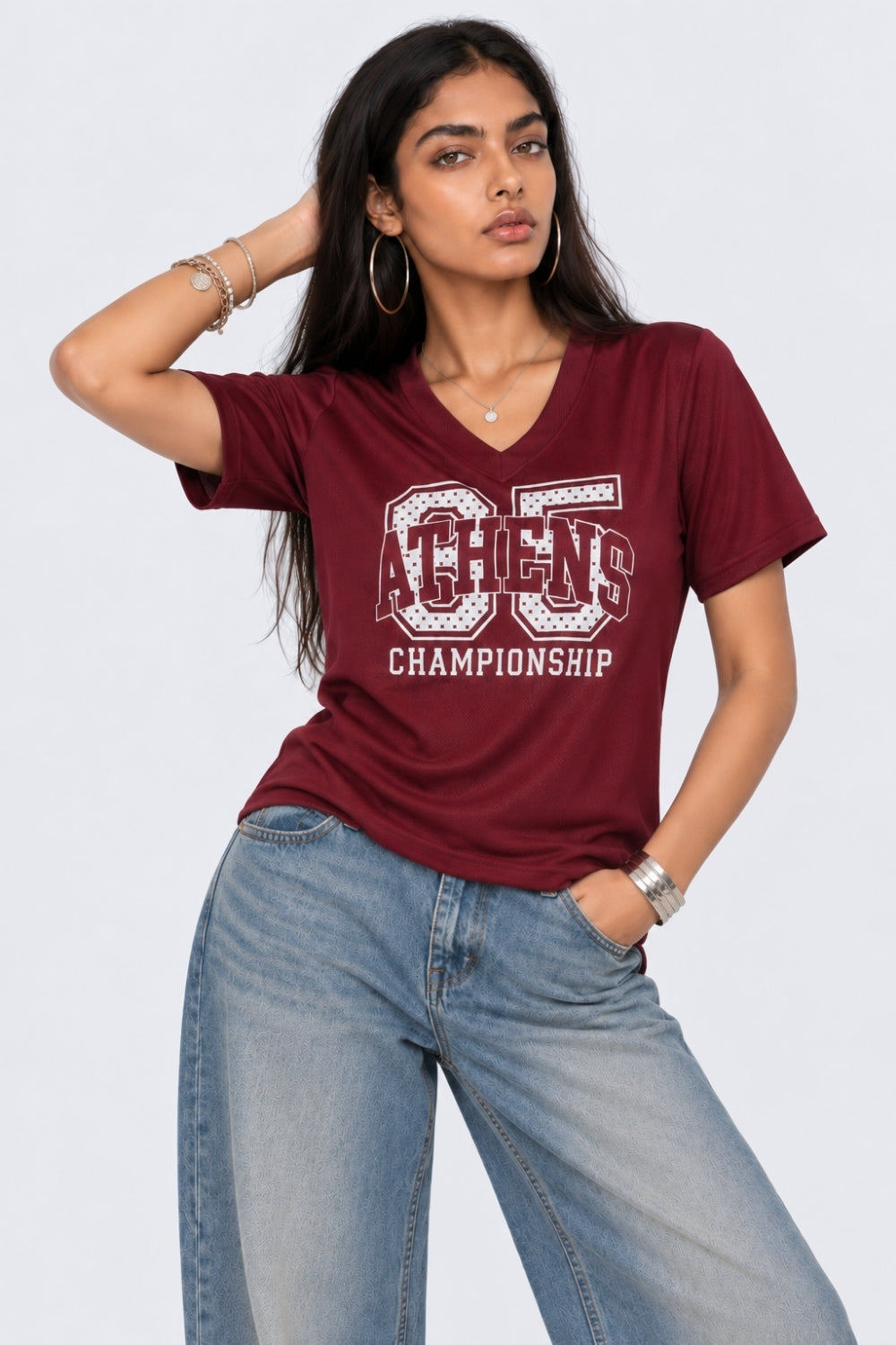 Womens Oversized Fit Maroon Graphic Printed T-Shirt - Image 2