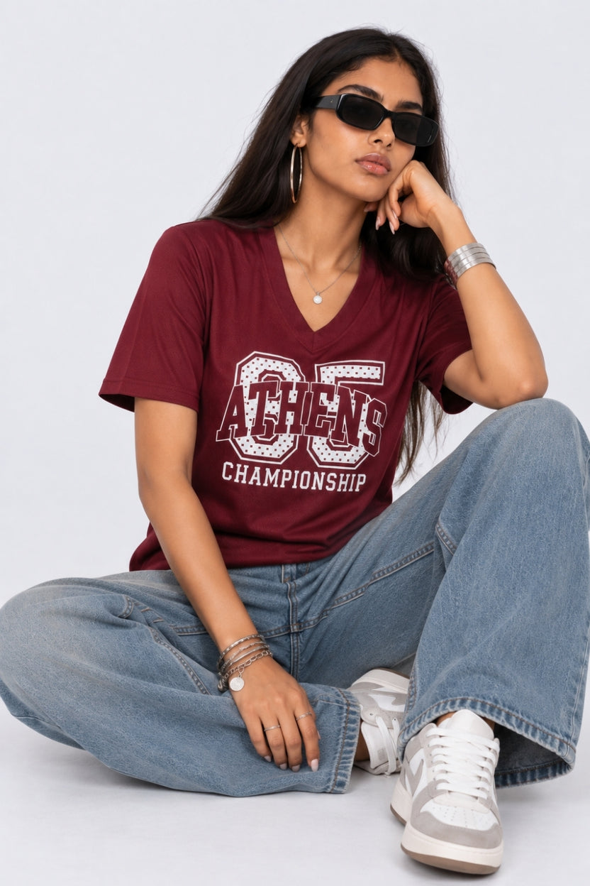 Womens Oversized Fit Maroon Graphic Printed T-Shirt - Image 6