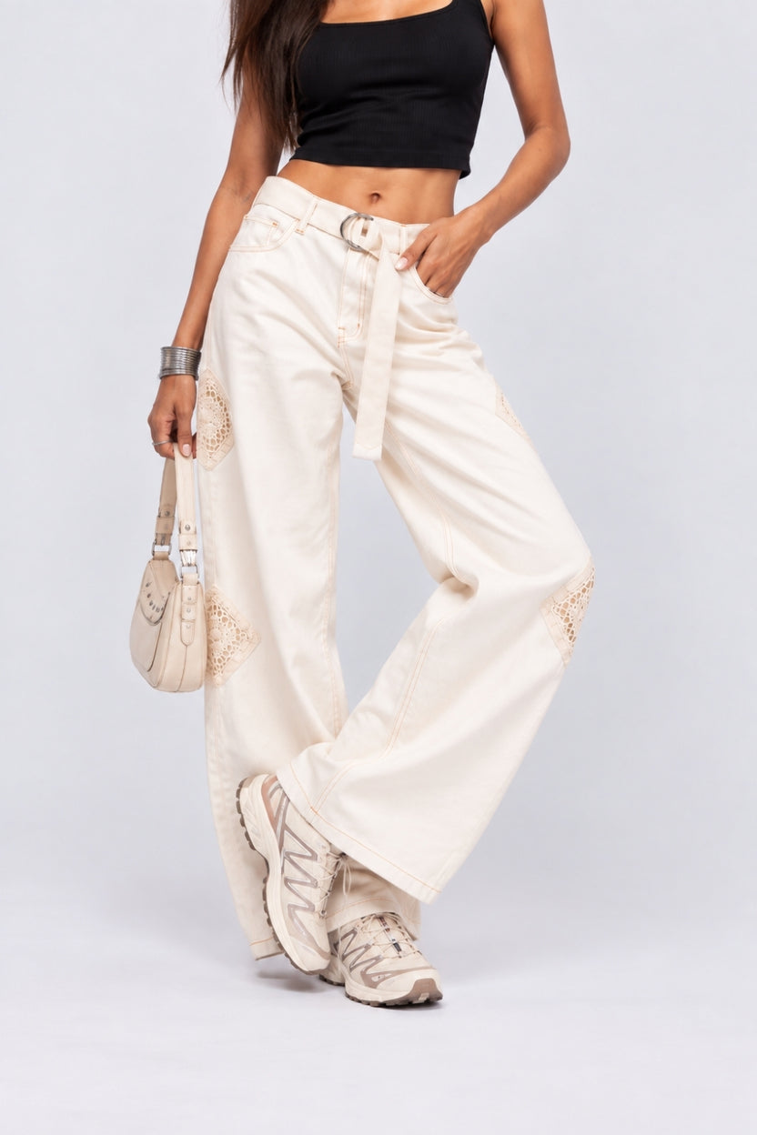 Womens Off White Wide Leg Fit Lace Patch Jeans - Image 1