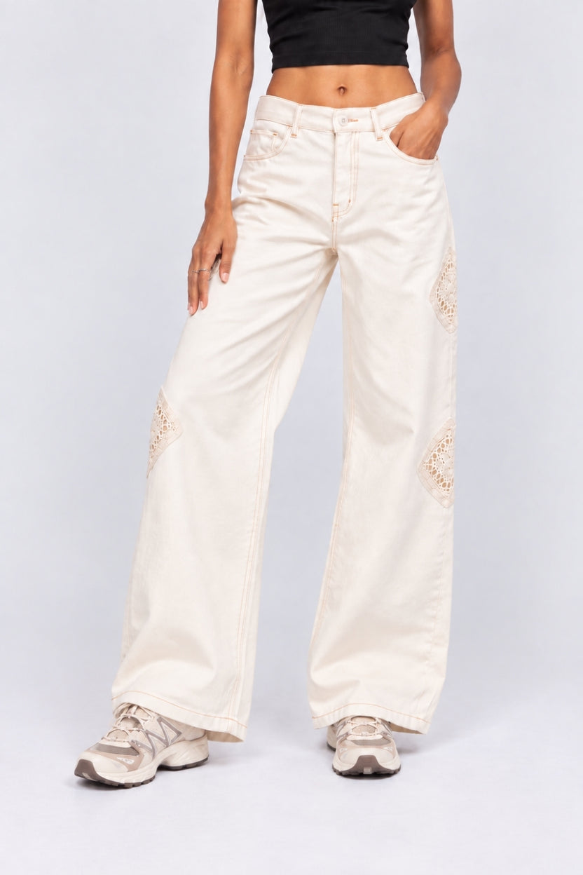 Womens Off White Wide Leg Fit Lace Patch Jeans - Image 2