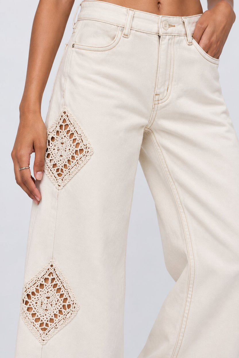 Womens Off White Wide Leg Fit Lace Patch Jeans - Image 3