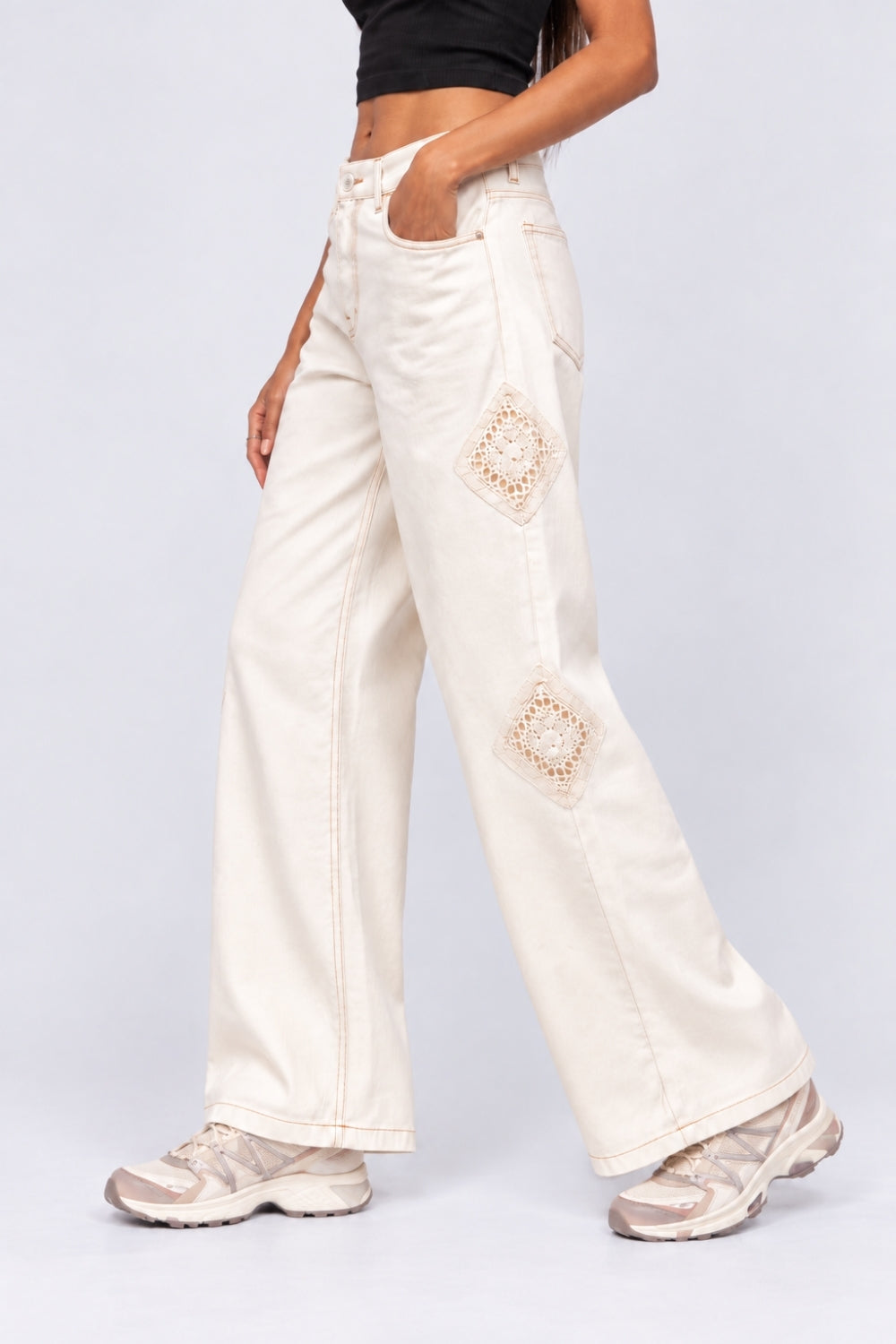 Womens Off White Wide Leg Fit Lace Patch Jeans - Image 4