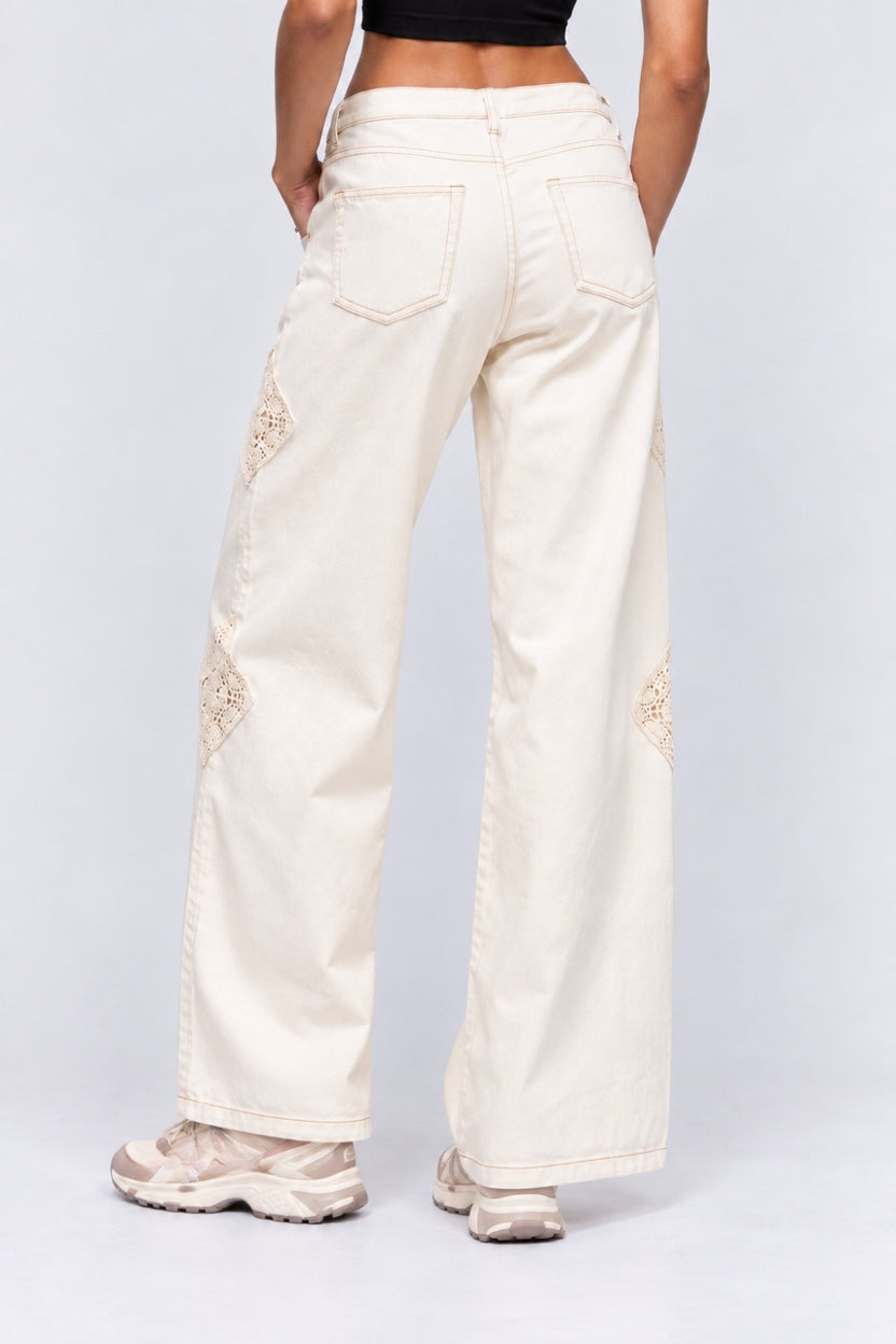 Womens Off White Wide Leg Fit Lace Patch Jeans - Image 5