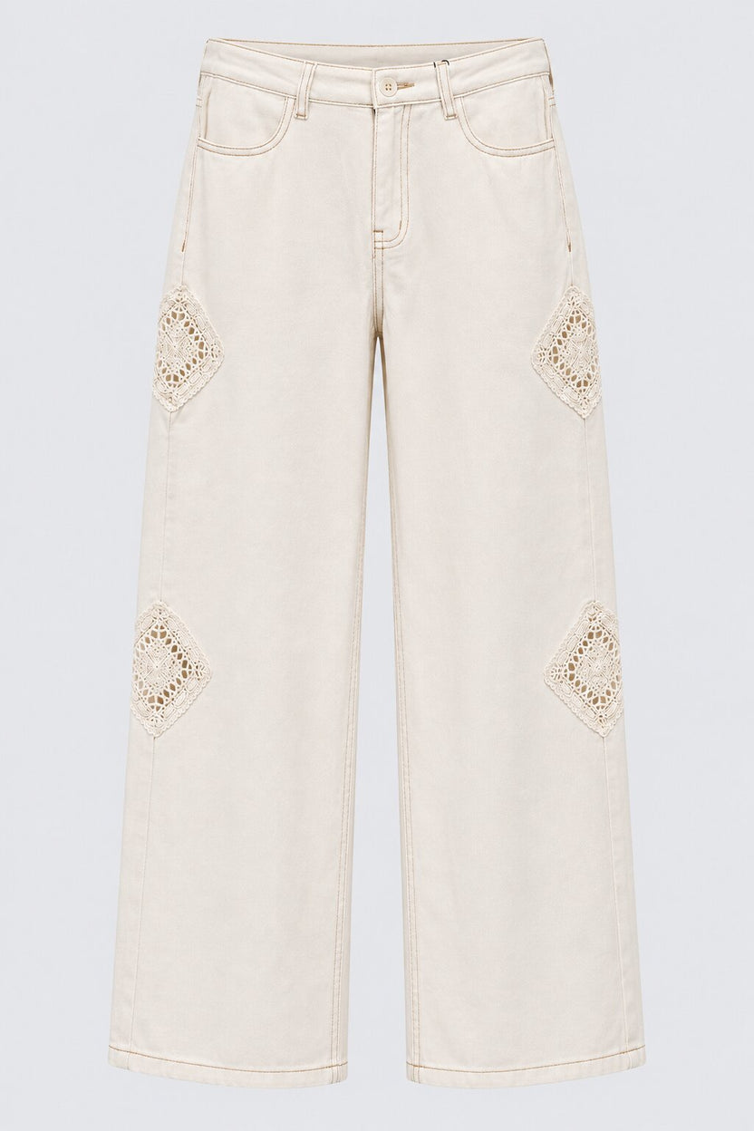 Womens Off White Wide Leg Fit Lace Patch Jeans - Image 7