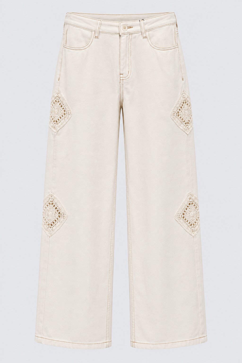 Womens Off White Wide Leg Fit Lace Patch Jeans - Image 7