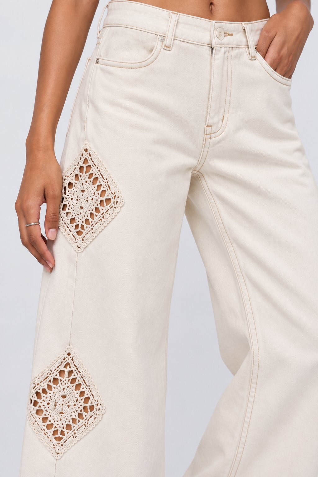 Womens Off White Wide Leg Fit Lace Patch Jeans - Image 10