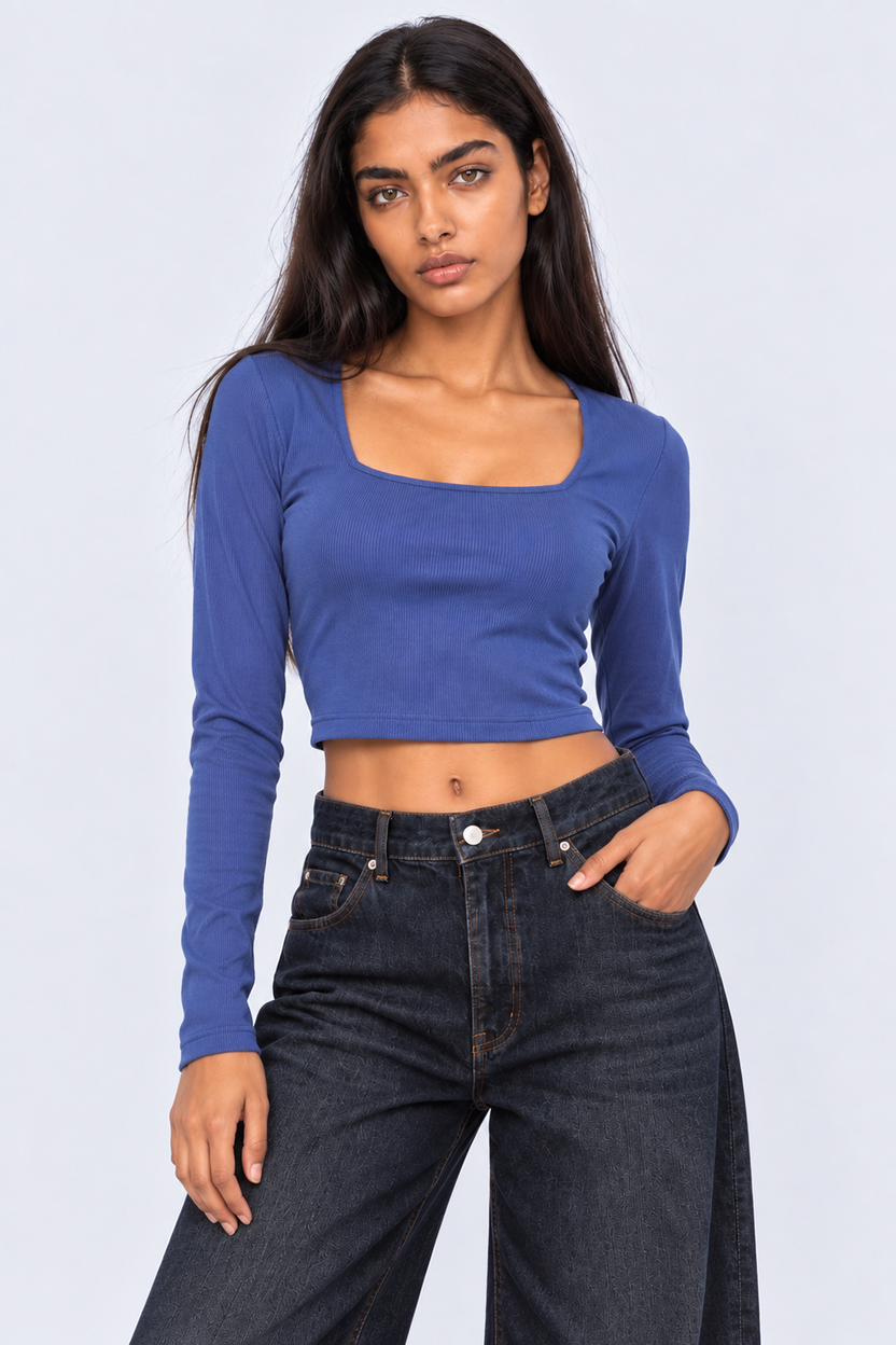 Womens Blue Regular Fit Crop Top - Image 2