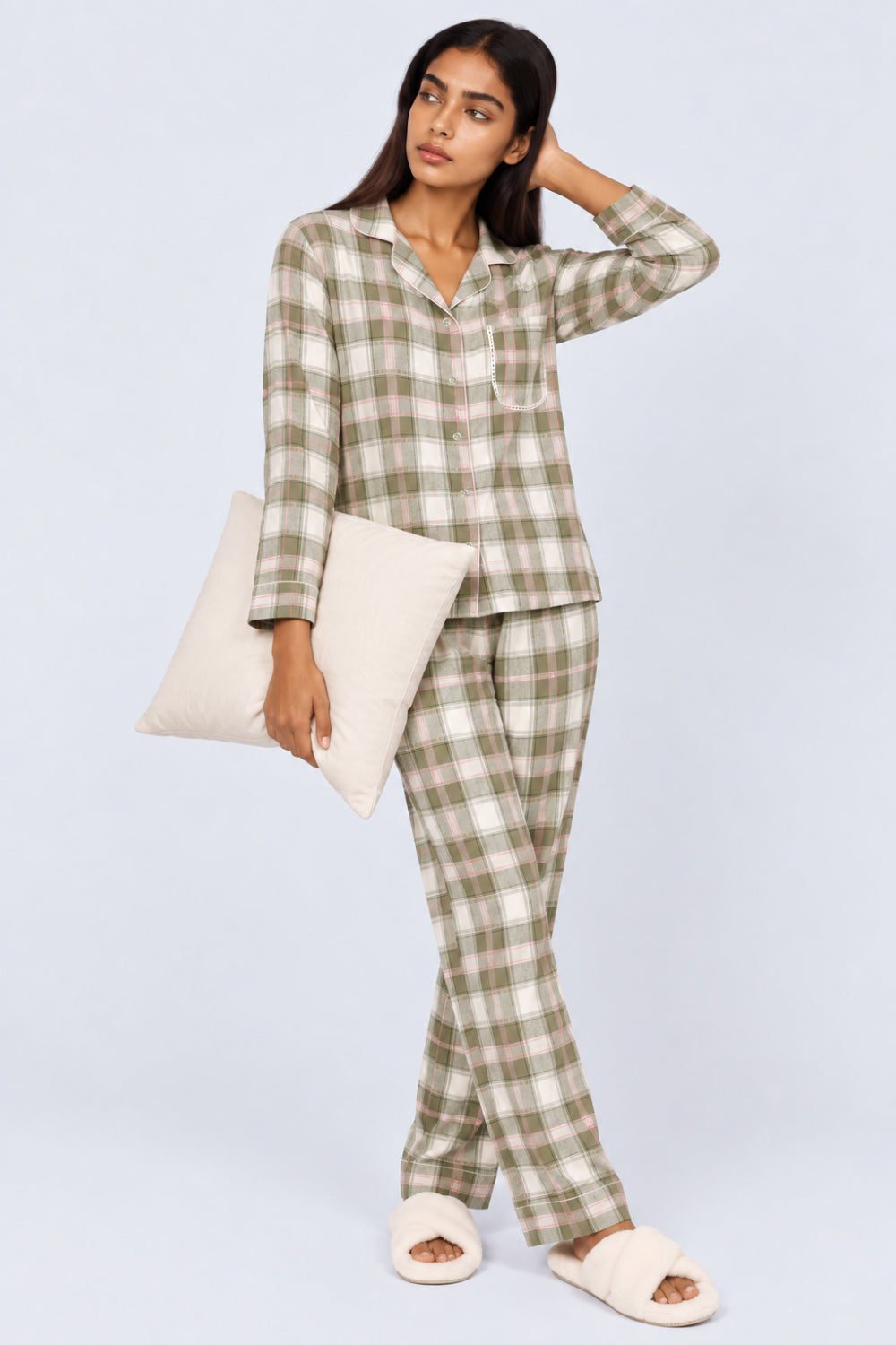 Womens Olive Checkered Nightwear Set - Image 1