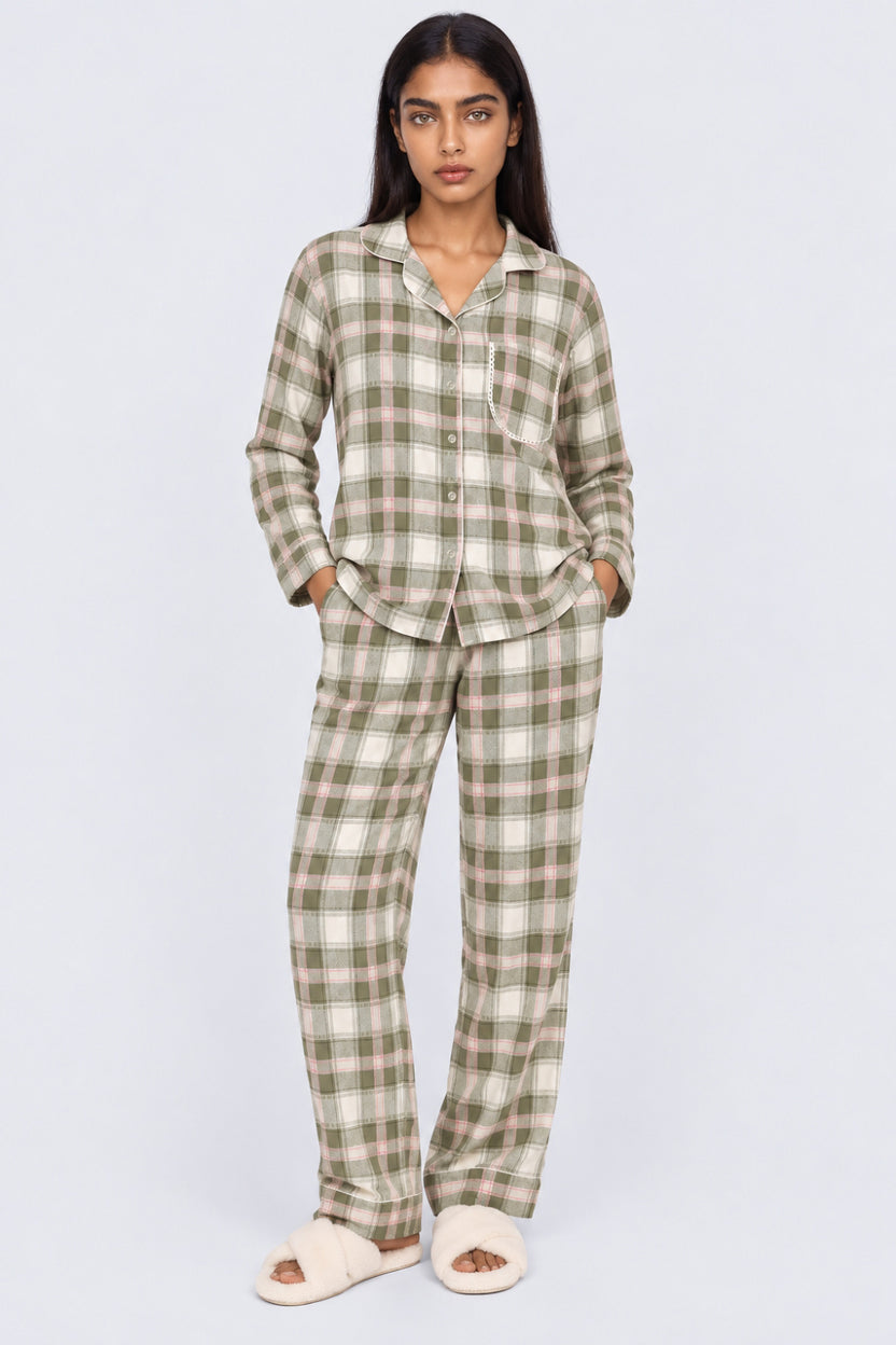 Womens Olive Checkered Nightwear Set - Image 2