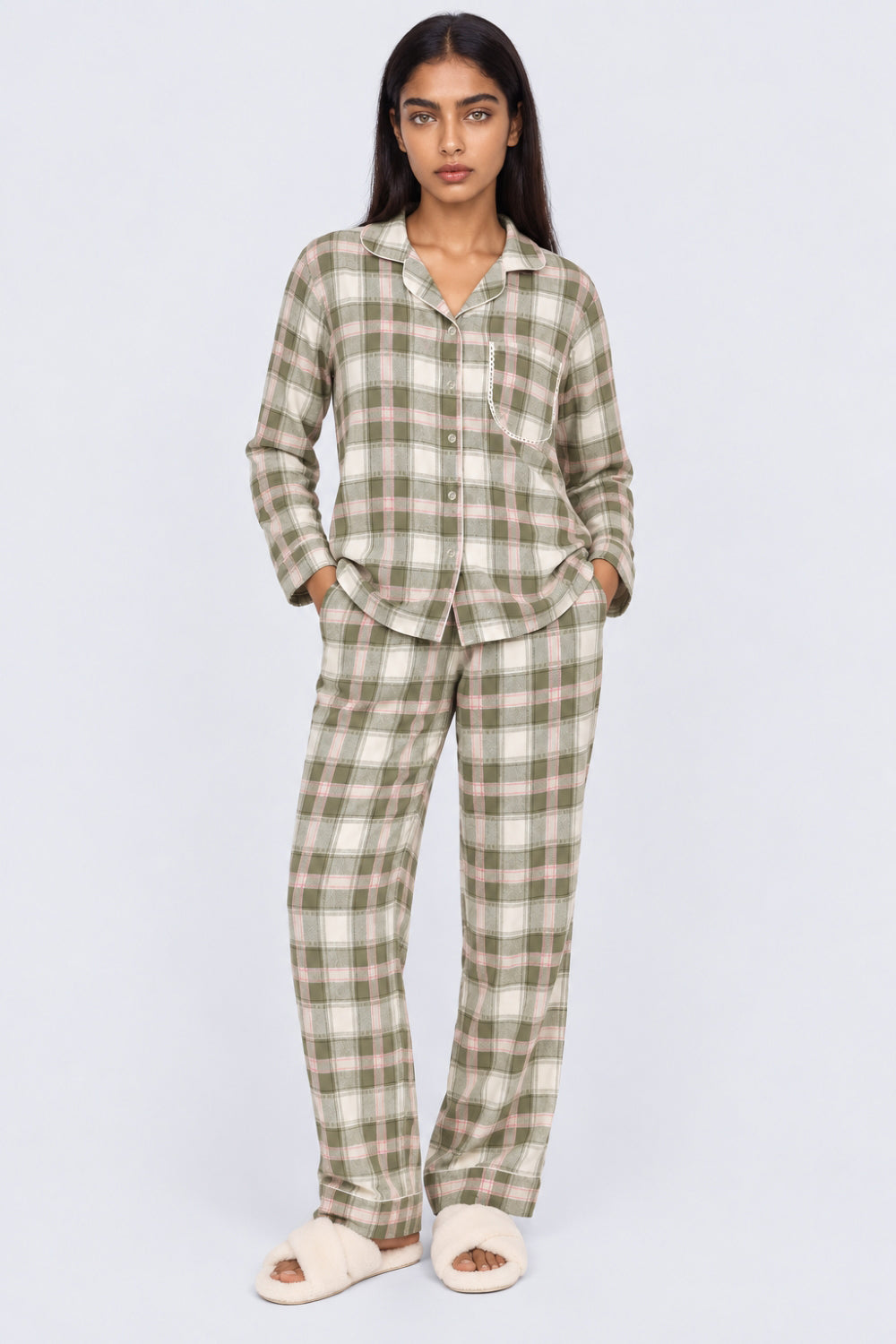 Womens Olive Checkered Nightwear Set - Image 2