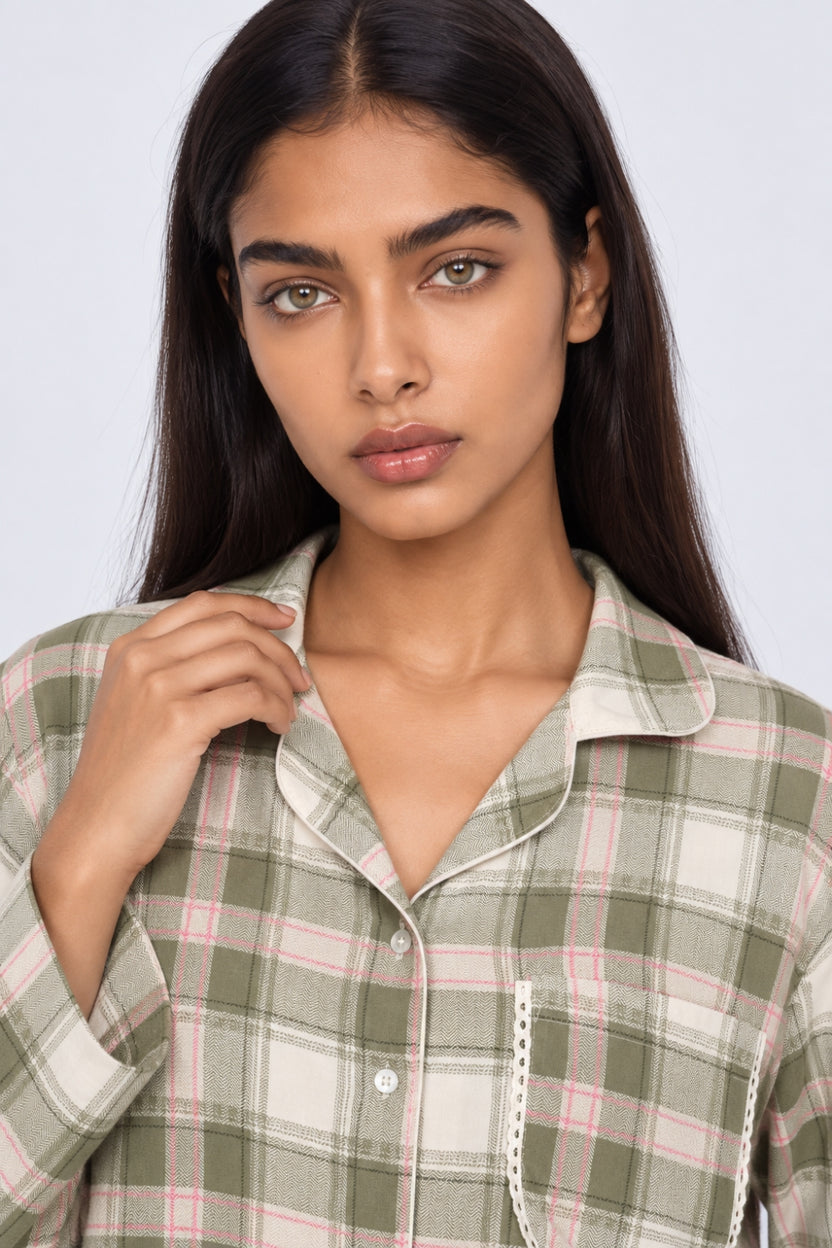 Womens Olive Checkered Nightwear Set - Image 3